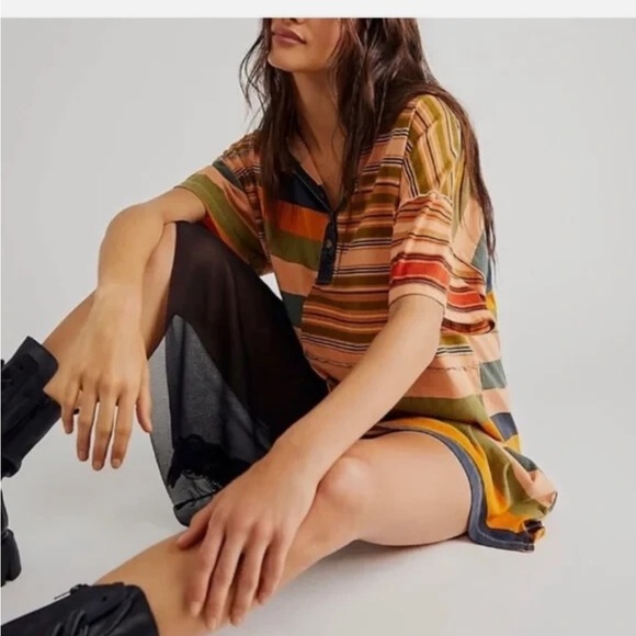 Free People Charlie Tee Retro Stripe Mini Dress, Brown Orange - Picture 1 of 8